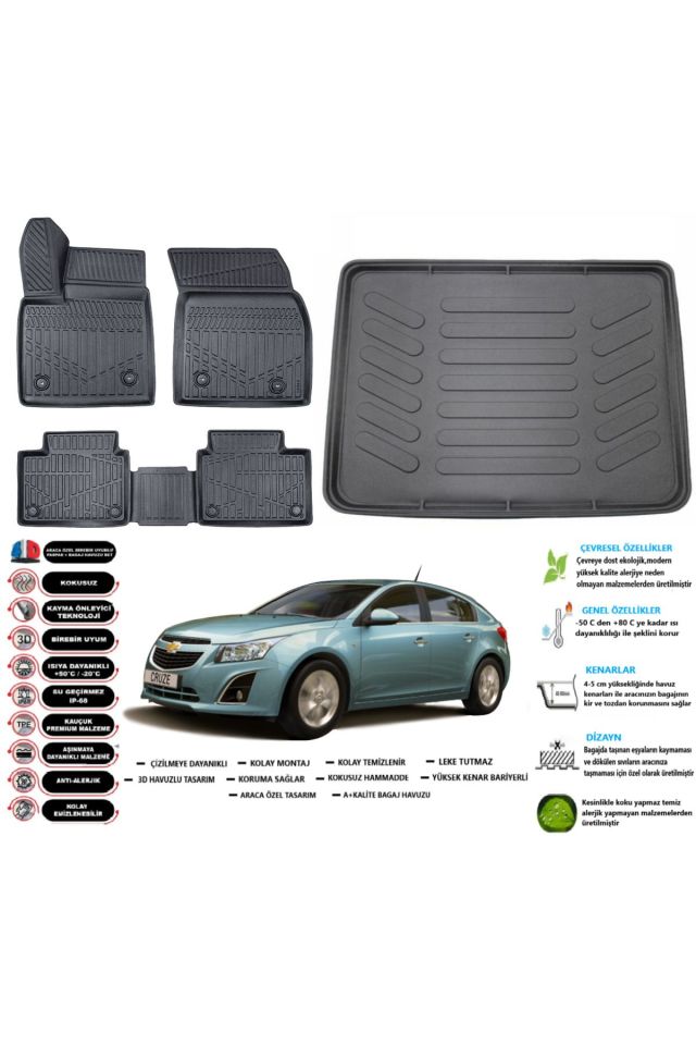 Chevrolet Cruze Hatchback 2015 Model Esnek Bagaj Havuzu Araca Özel Siyah Paspas Takımı