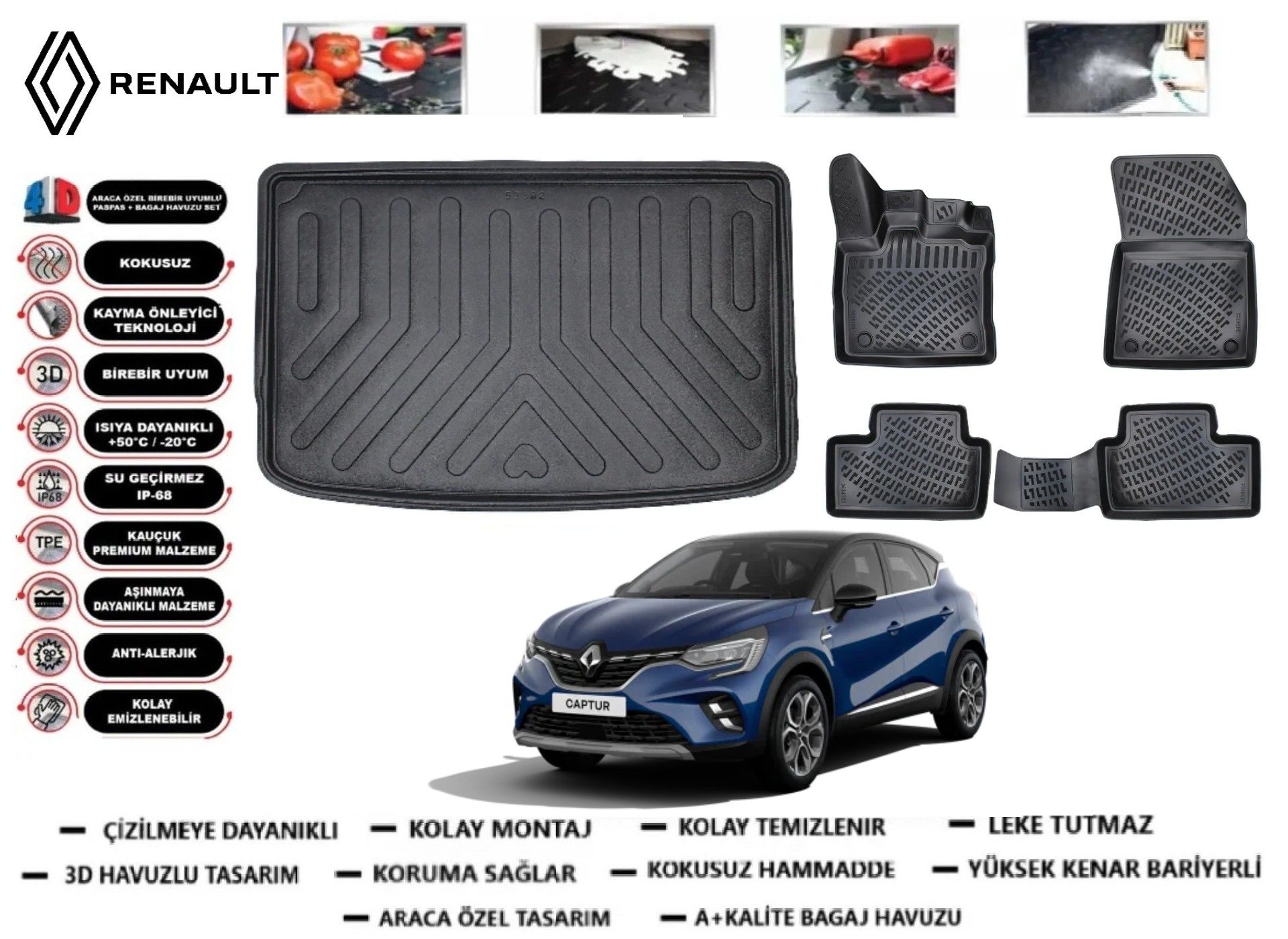 Renault Captur 2019 Sonrası 3D Üst Bagaj Havuzu+3D Araca Özel Paspas Takımı