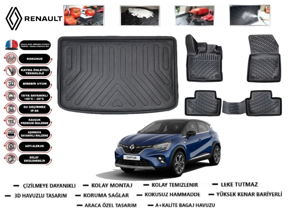 Renault Captur 2019 Sonrası 3D Üst Bagaj Havuzu+3D Araca Özel Paspas Takımı