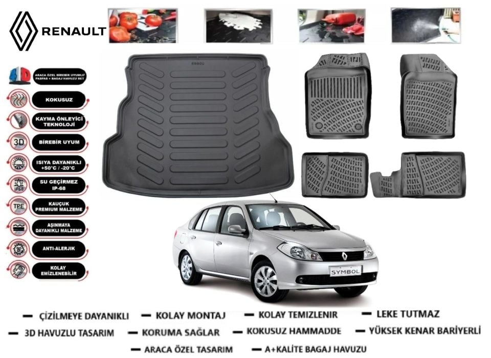 Renault Symbol 2008-2012 3D Bagaj Havuzu+3D Araca Özel Paspas Takımı