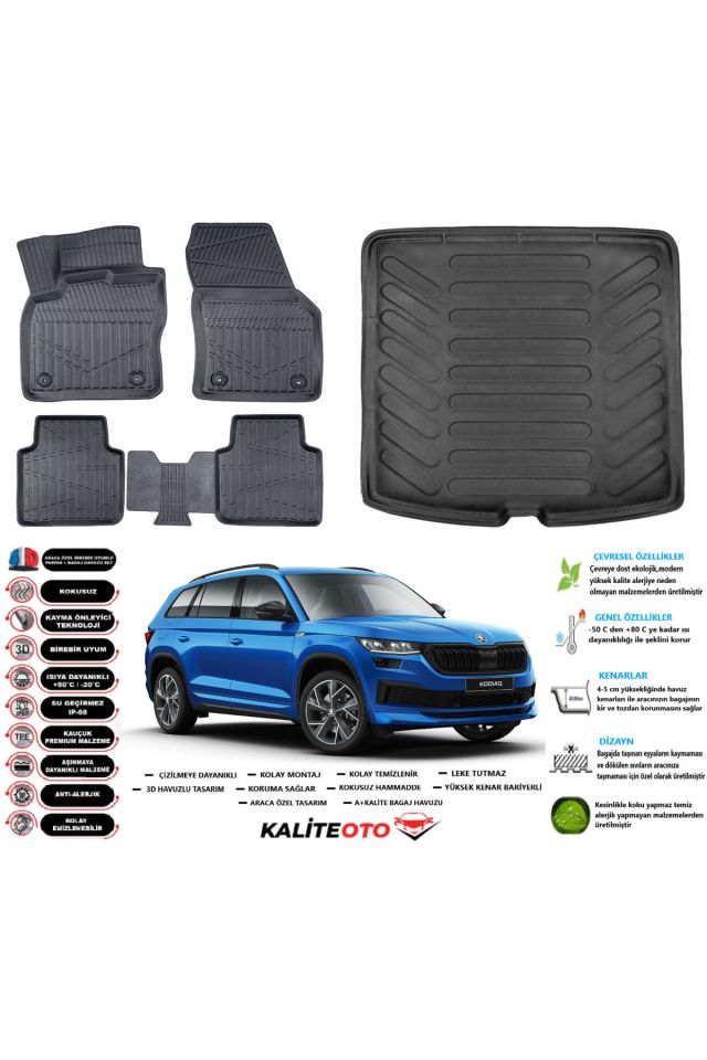 Skoda Kodiaq 2023 Model Esnek Bagaj Havuzu Araca Özel Siyah Paspas Takımı
