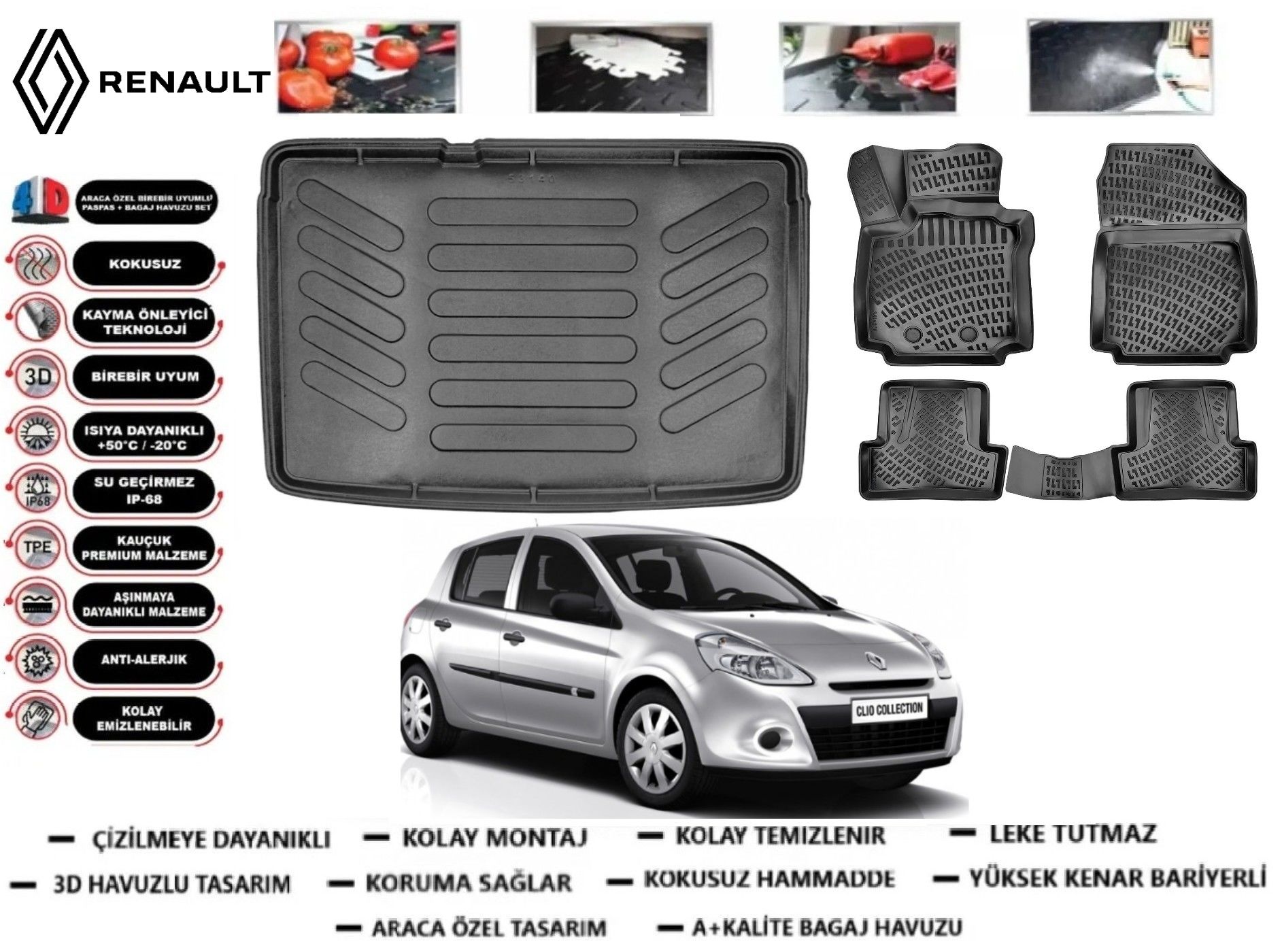 Renault Clio 3 2006-2012 3D Bagaj Havuzu+3D Araca Özel Paspas Takımı