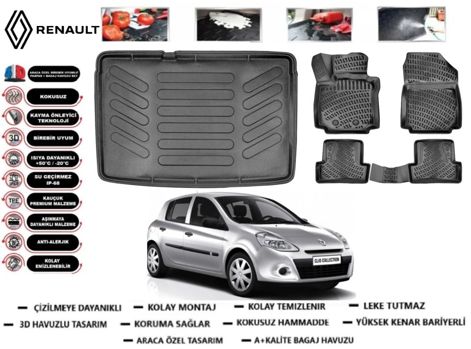 Renault Clio 3 2006-2012 3D Bagaj Havuzu+3D Araca Özel Paspas Takımı