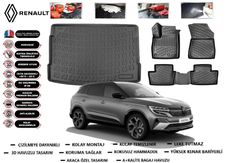 Renault Austral 2023 Sonrası Mild Hibrit 3D Bagaj Havuzu+3D Havuzlu Paspas Takımı