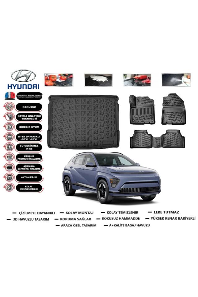 Hyundai Kona Elektrikli 2025 Model Üst Bagaj Havuzu Araca Özel Paspas Takımı Prrox