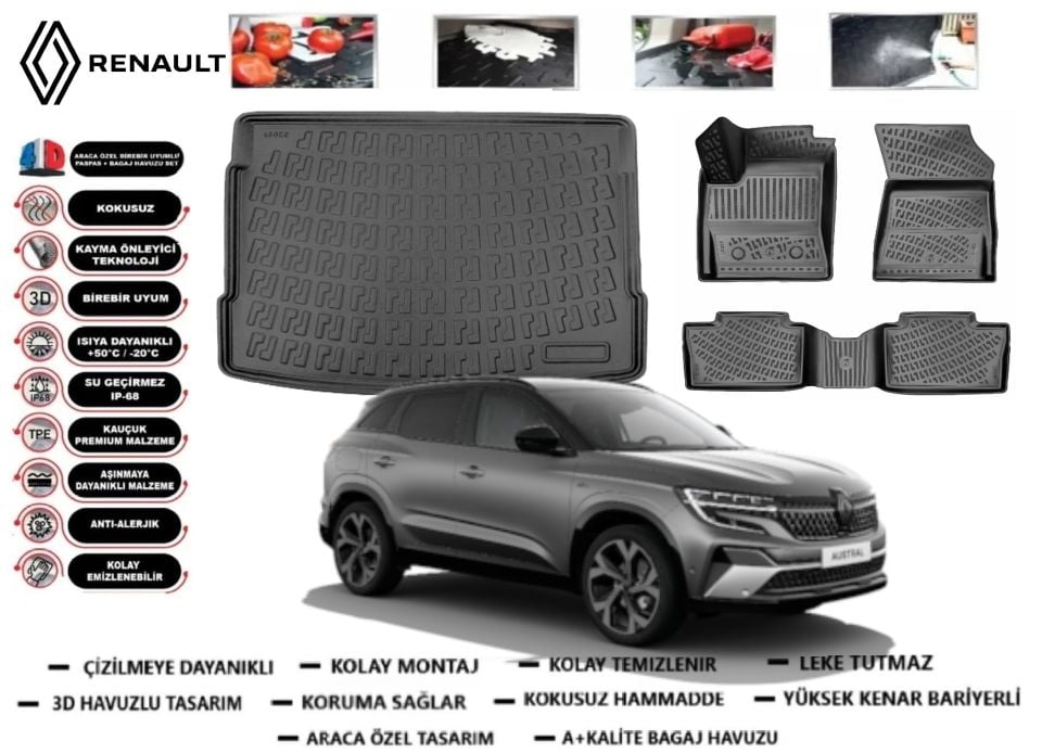 Renault Austral 2023 Sonrası Full Hibrit 3D Bagaj Havuzu+3D Havuzlu Paspas Takımı