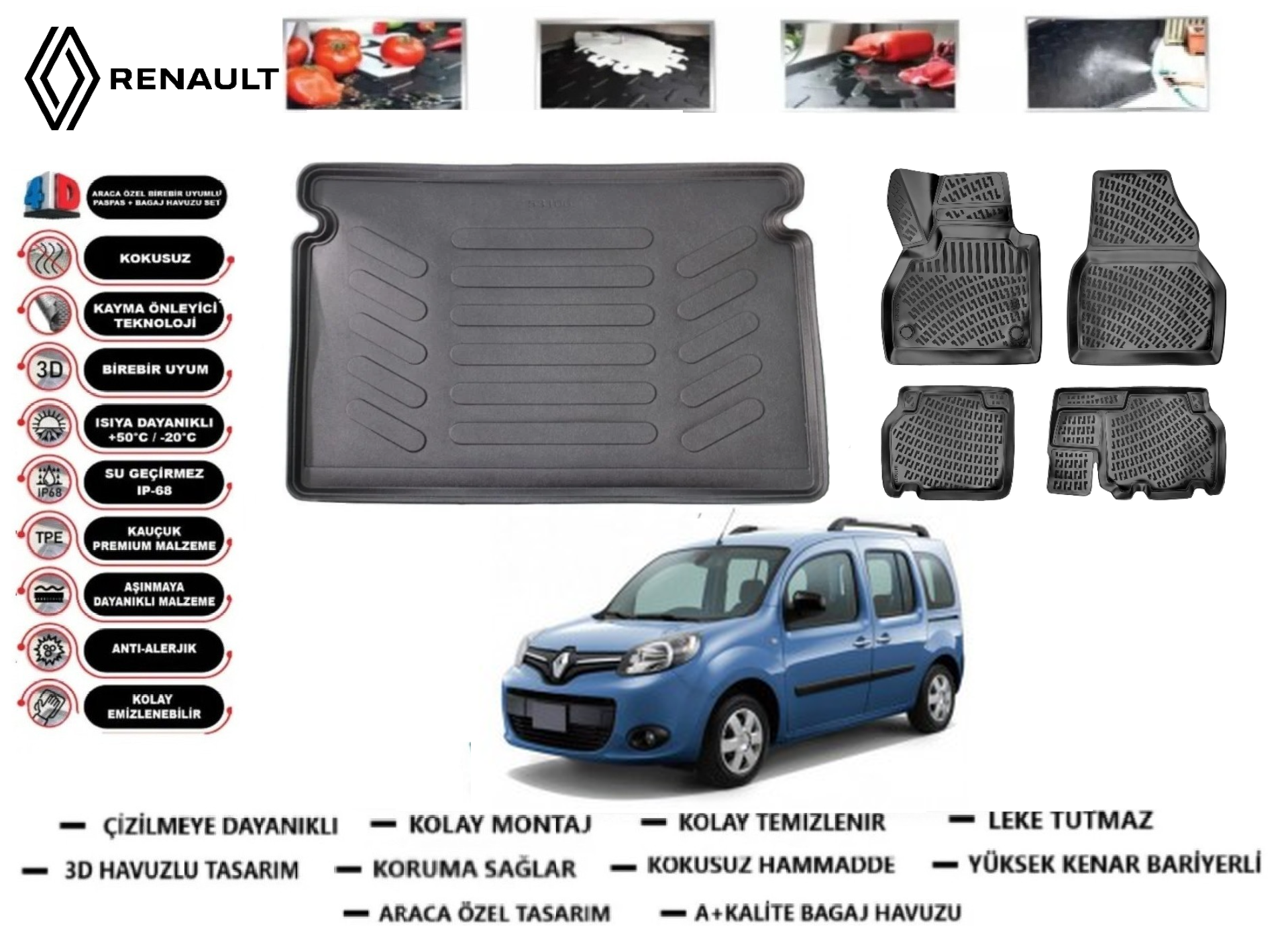 Renault Kango 2014-2021 3D Bagaj Havuzu+3D Araca Özel Paspas Takımı
