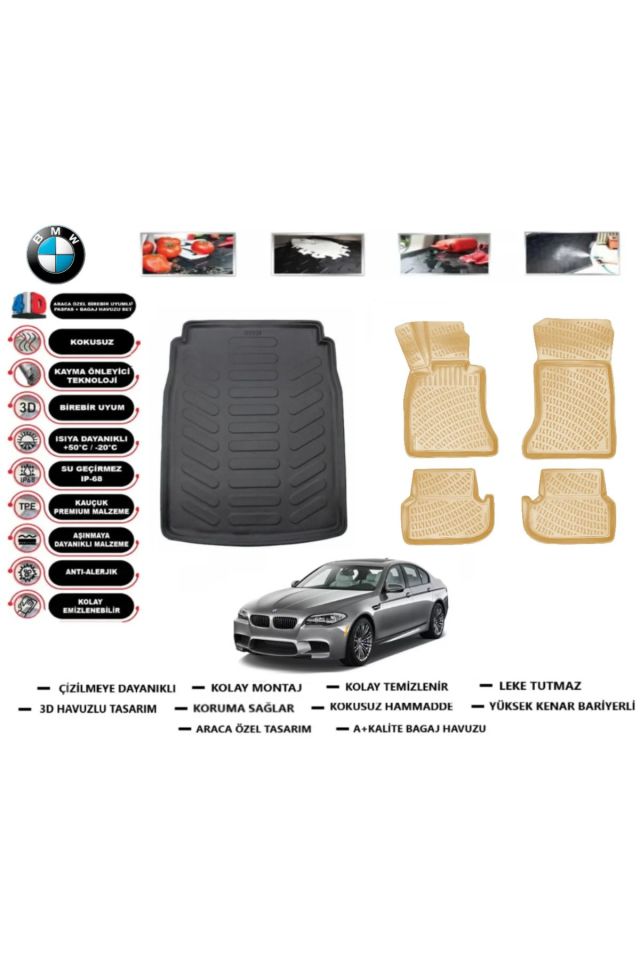 Bmw 5 serisi F10 2014 Model Bagaj Havuzu+Araca Özel Bej Paspas Takımı Flex
