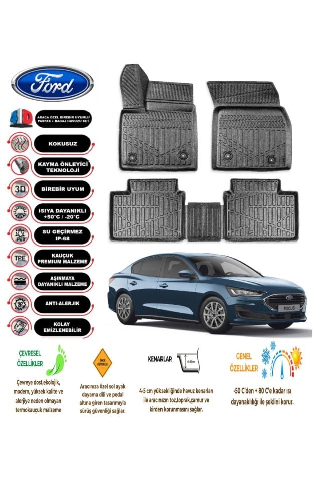 Ford Focus 5 Station Vagon 2019 Model 4D Araca Özel Havuzlu Kokusuz Paspas Takımı