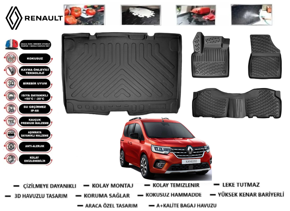 Renault Kango 2021  Sonrası 3D Bagaj Havuzu+3D Araca Özel Paspas Takımı