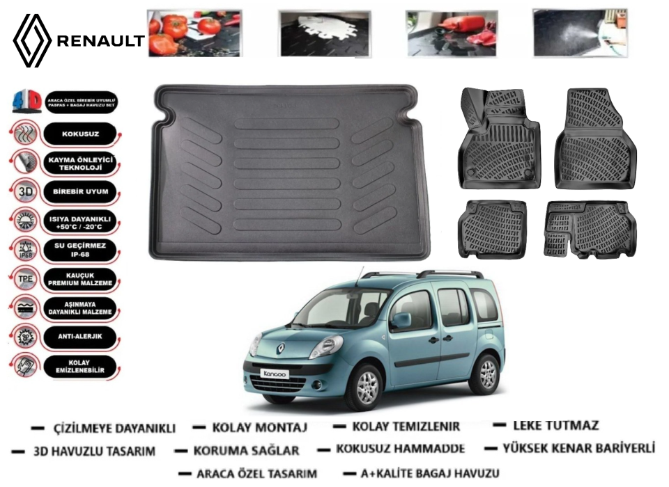 Renault Kango 2007-2014 3D Bagaj Havuzu+3D Araca Özel Paspas Takımı