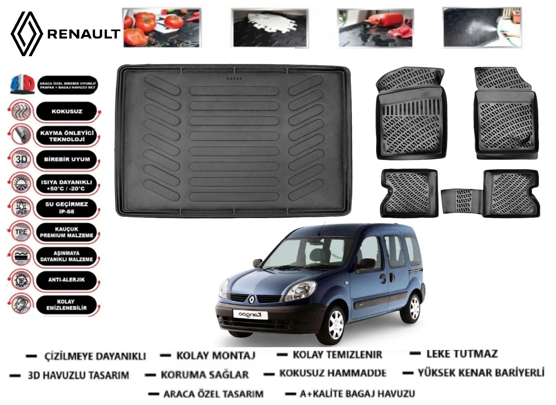 Renault Kango 1997-2007 3D Bagaj Havuzu+3D Araca Özel Paspas Takımı