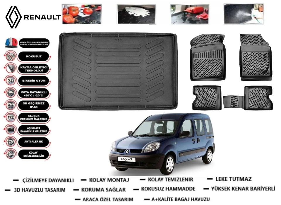 Renault Kango 1997-2007 3D Bagaj Havuzu+3D Araca Özel Paspas Takımı
