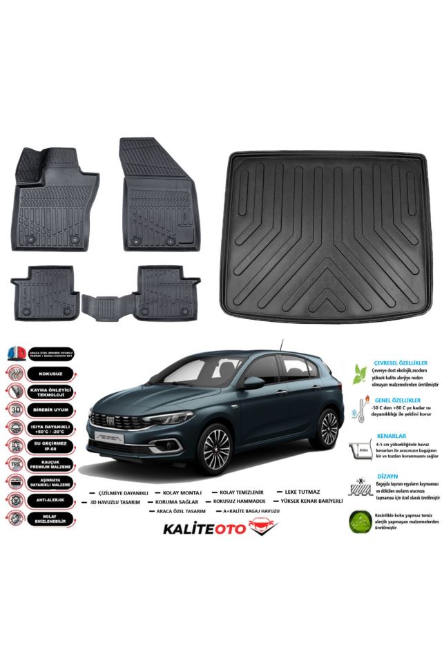 Fiat Egea Hatchback 2017 Model Tamir Kitli Esnek Bagaj Havuzu Araca Özel Siyah Paspas Takımı
