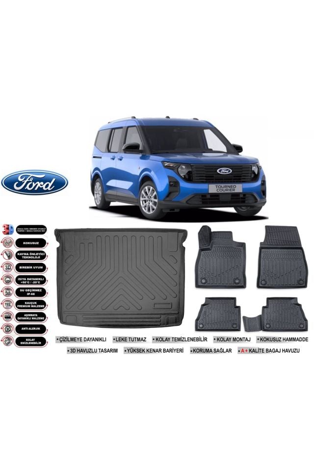 Ford Courier 2024 Model Bagaj Havuzu Araca Özel Siyah Havuzlu Paspas Takımı Sett