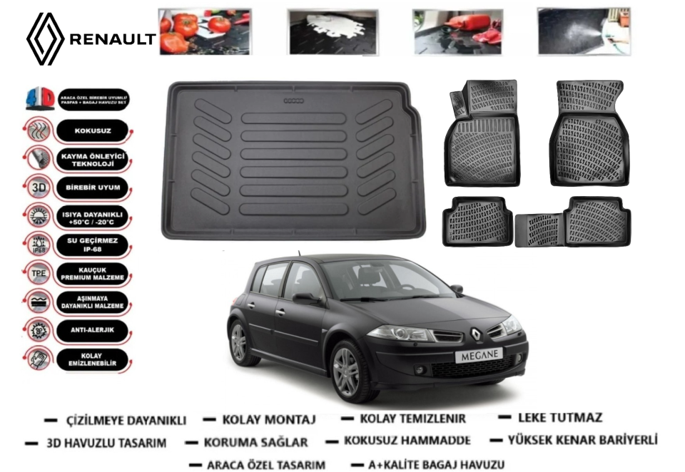 Renault Megane 2 Hatchback 2002-2008 3D Bagaj Havuzu+3D Araca Özel Paspas Takımı