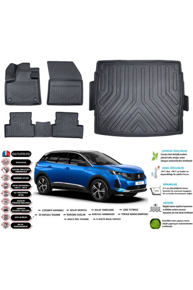 Peugeot 3008 2019 Model Üst Esnek Bagaj Havuzu Araca Özel Siyah Paspas Takımı