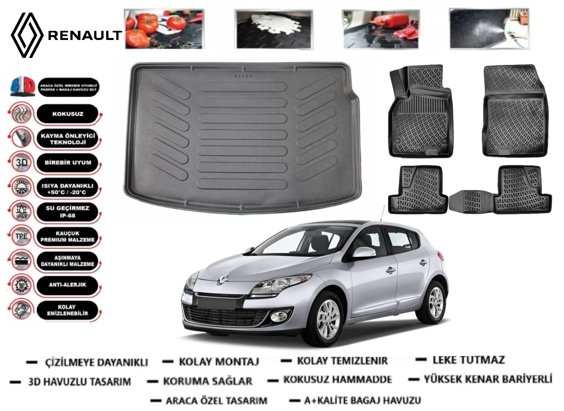Renault Megane 3 Hatchback 2009-2016 3D Bagaj Havuzu+3D Araca Özel Paspas Takımı