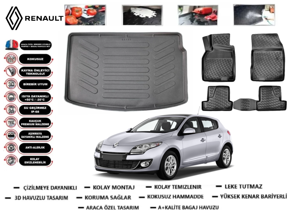 Renault Megane 3 Hatchback 2009-2016 3D Bagaj Havuzu+3D Araca Özel Paspas Takımı