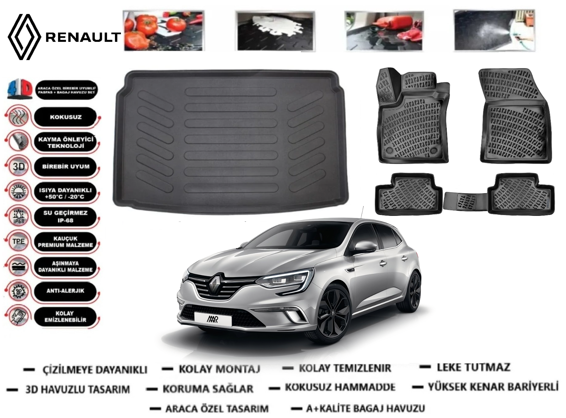 Renault Megane 4 Hatchback 2016 Sonrası 3D Bagaj Havuzu+3D Araca Özel Paspas Takımı