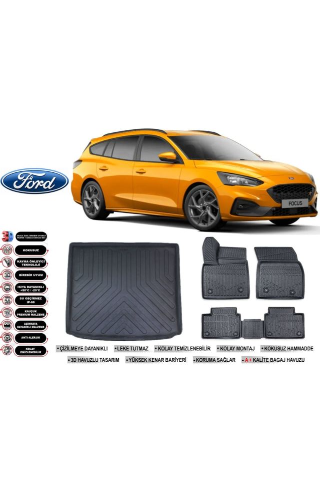 Ford Focus 5 STW 2020 Model Üst Bagaj Havuzu Araca Özel Siyah Havuzlu Paspas Takımı Sett