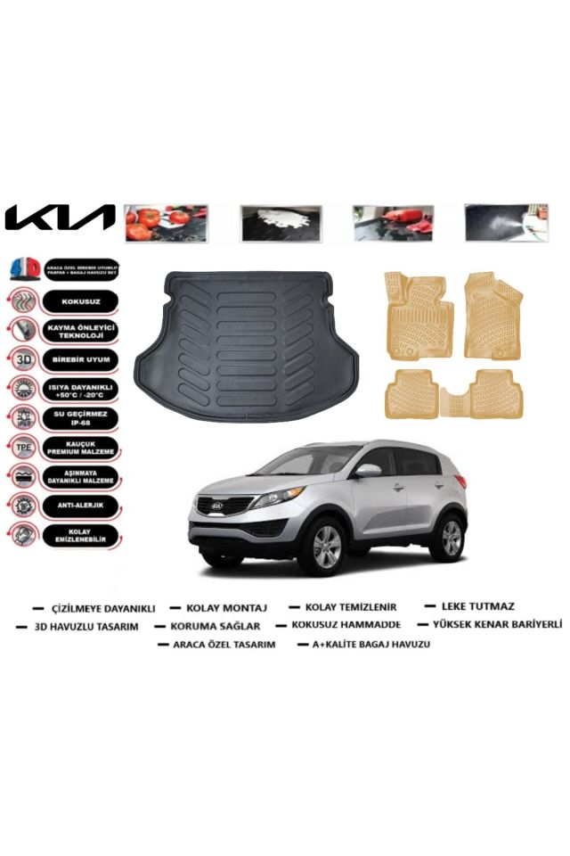 Kia Sportage 2011 Model Bagaj Havuzu+Araca Özel Bej Paspas Takımı Flex
