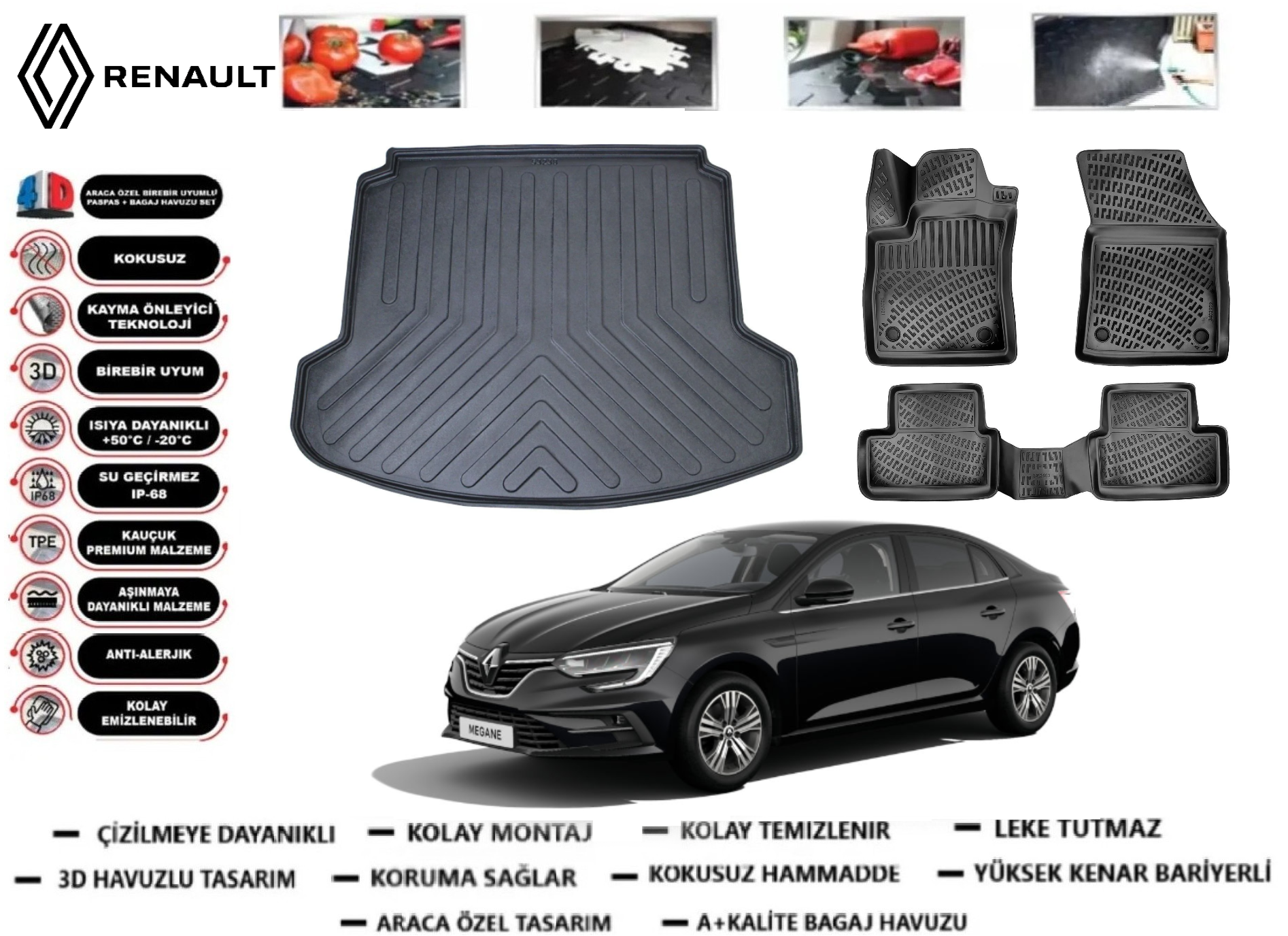 Renault Megane 4 Sedan 2016 Sonrası 3D Çift Kulaklı Bagaj Havuzu+3D Araca Özel Paspas Takımı