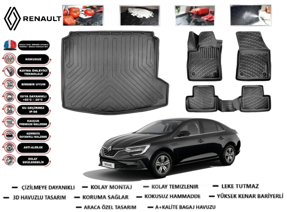 Renault Megane 4 Sedan 2016 Sonrası 3D Sağ Kulaklı Bagaj Havuzu+3D Araca Özel Paspas Takımı