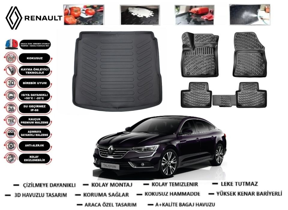 Renault Talisman 2016 Sonrası 3D Bagaj Havuzu+3D Araca Özel Paspas Takımı
