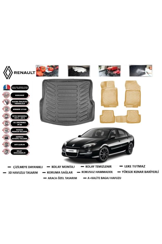 Renault Laguna 3 2015 Model Bagaj Havuzu+Araca Özel Bej Paspas Takımı Flex