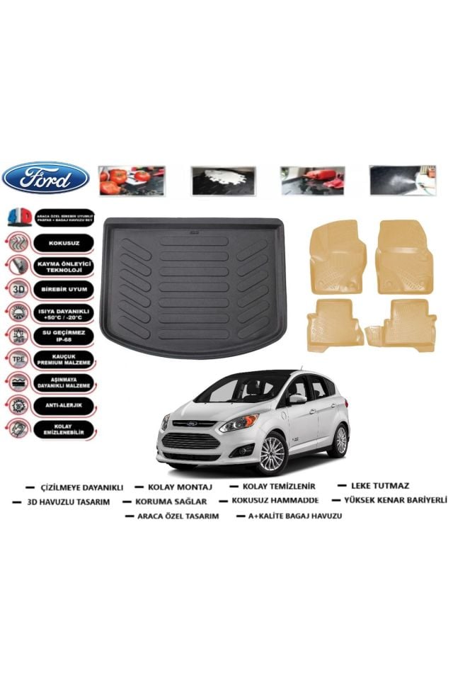 Ford C-Max 2018 Model Bagaj Havuzu(paspası)+Araca Özel Bej Paspas Takımı Flex