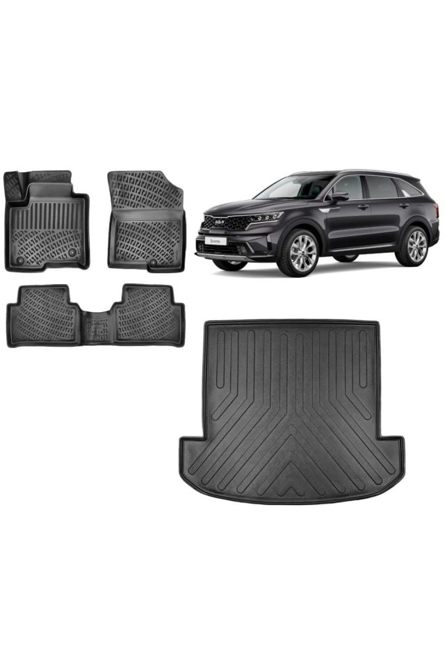 Kia Sorento 2021 (5 KOLTUK) Model 3D Bagaj Havuzu+3D Havuzlu Araca Özel Paspas Takımı