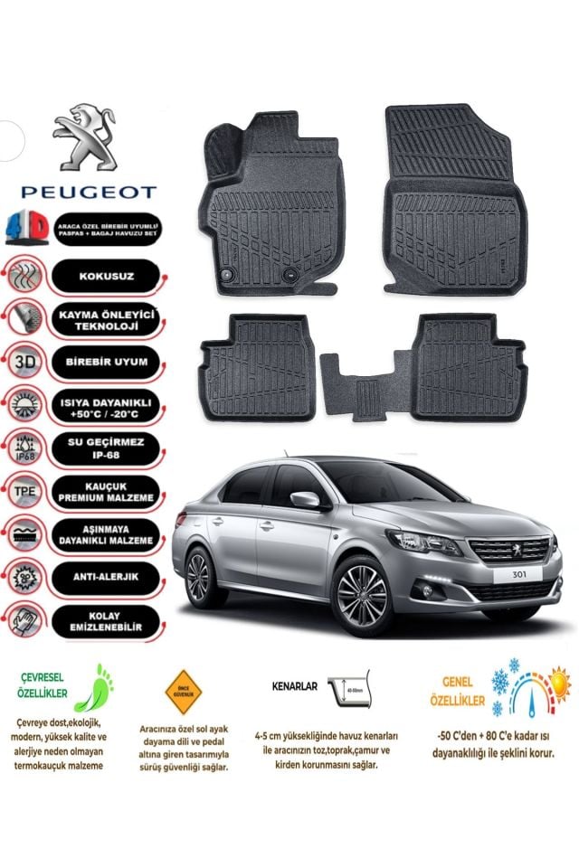 Peugeot 301 2020 Model 4D Araca Özel Havuzlu Paspas Takımı