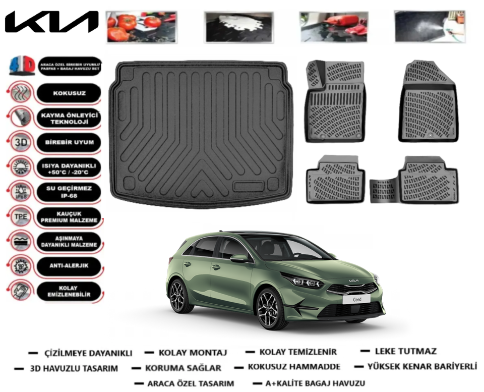 Kia Ceed 2022 Sonrası 3D Alt Bagaj Havuzu+3D Havuzlu Paspas Takımı