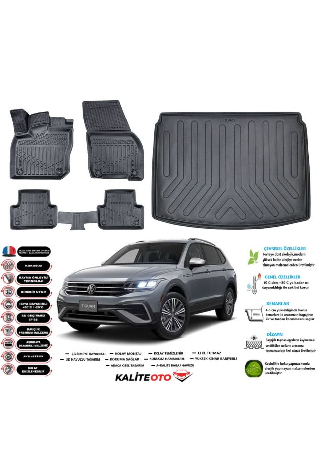 Volkswagen Tiguan 2022 Model Alt Esnek Bagaj Havuzu Araca Özel Siyah Paspas Takımı