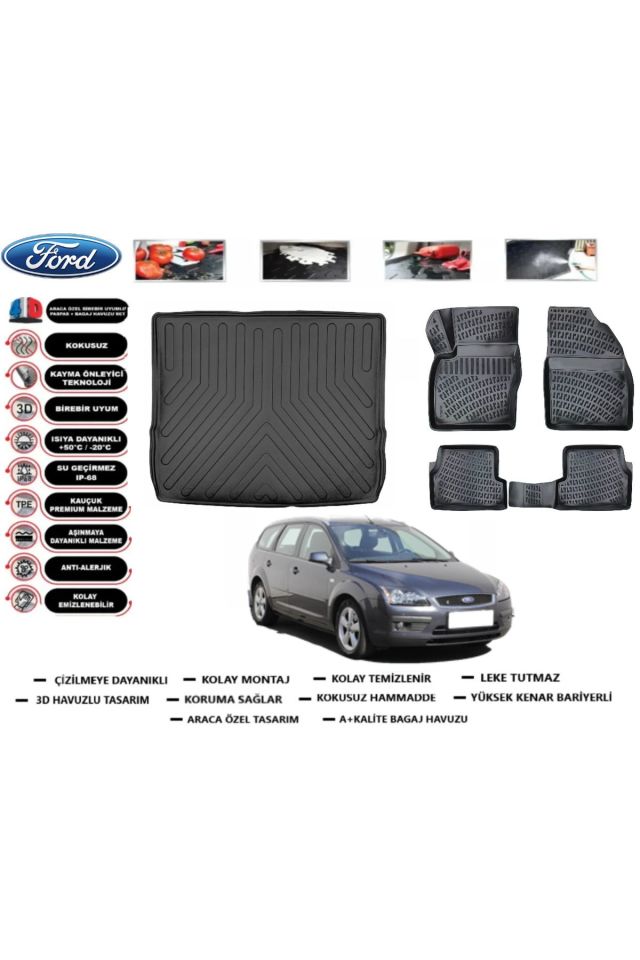 Ford Focus 2 STW 2007 Model Bagaj Havuzu Araca Özel Paspas Takımı Prrox