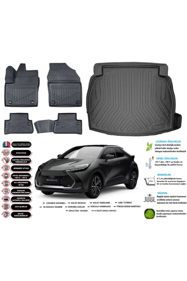 Toyota C-HR 2024 Model Ses Sistemli Esnek Bagaj Havuzu Araca Özel Siyah Paspas Takımı