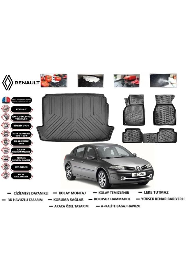 Renault Megane 2 Sedan 2003 Model Bagaj Havuzu Araca Özel Paspas Takımı Prrox