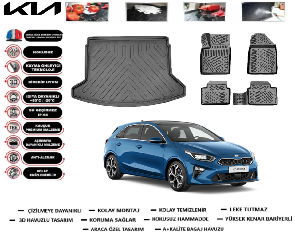 Kia Ceed 2018-2022 3D Bagaj Havuzu+3D Havuzlu Paspas Takımı