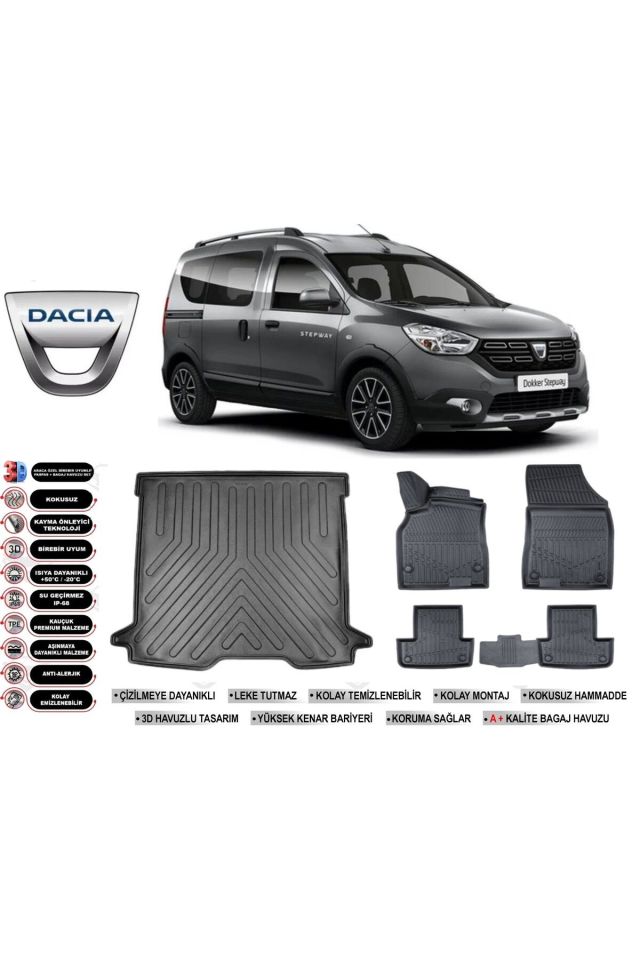Dacıa Dokker 2018 Model Bagaj Havuzu Araca Özel Siyah Havuzlu Paspas Takımı Sett