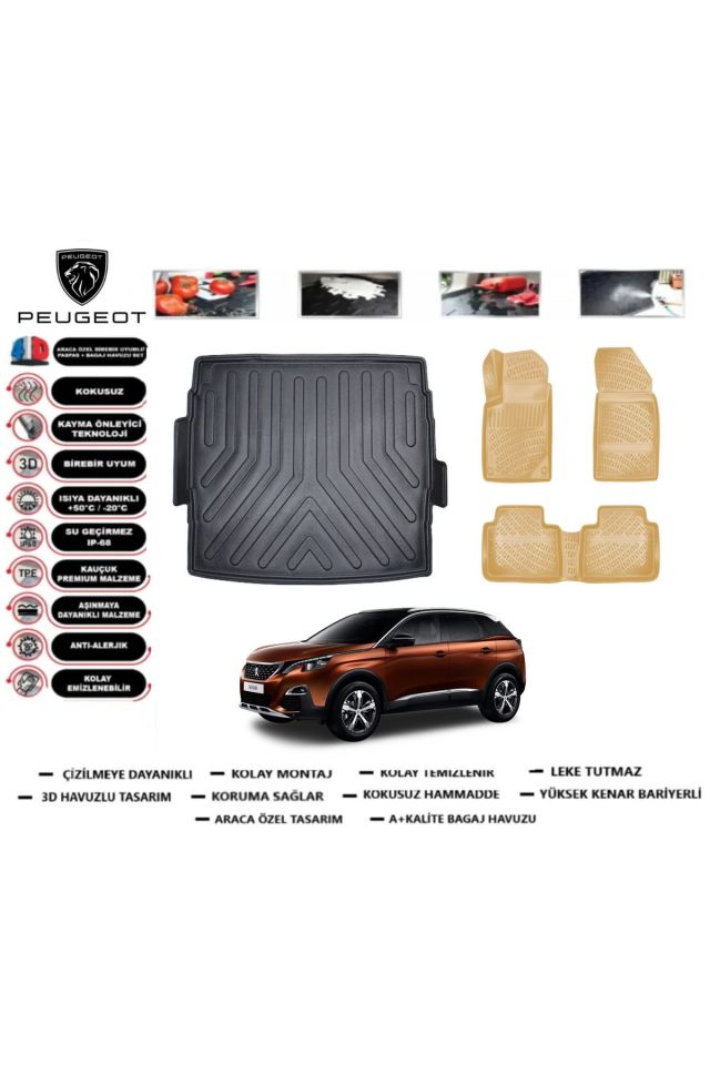 Peugeot 3008 2018 Model Üst Bagaj Havuzu(paspası)+Araca Özel Bej Paspas Takımı Flex