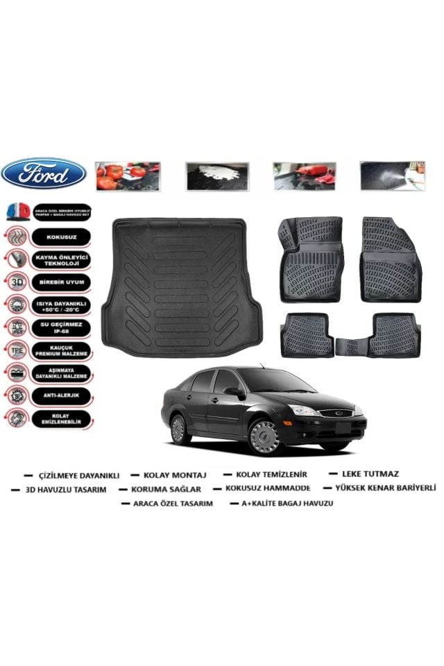 Ford Focus 1 Sedan 2002 Model Bagaj Havuzu Araca Özel Paspas Takımı Flex