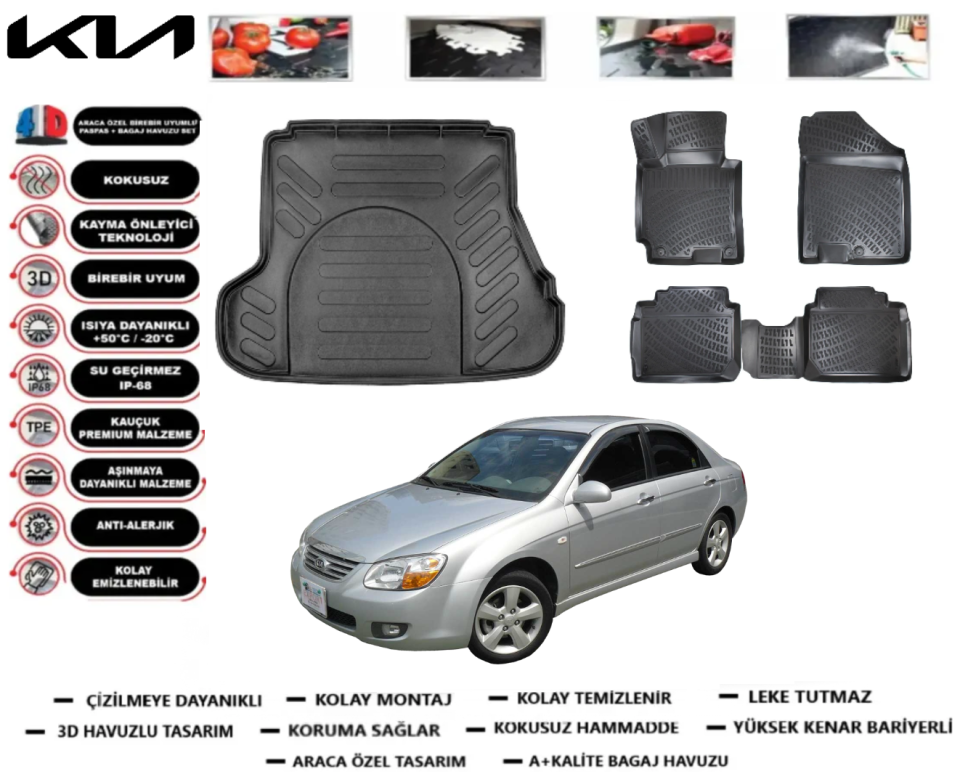 Kia Cerato 2004-2009 3D Bagaj Havuzu+3D Araca Özel Paspas Takımı