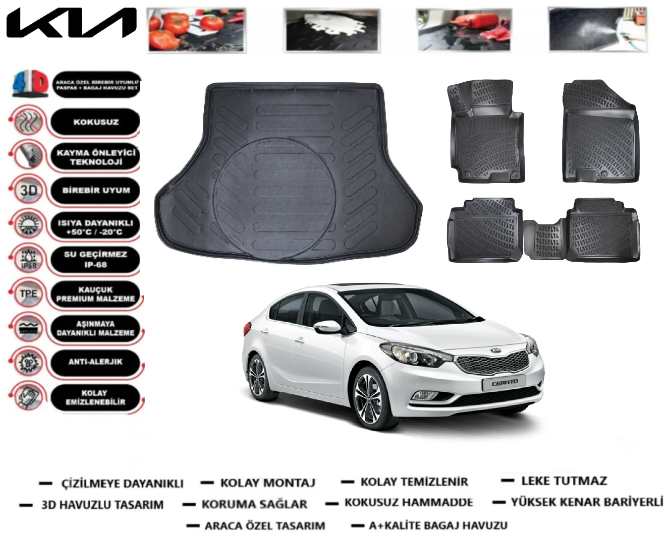 Kia Cerato 2012-2018 3D Bagaj Havuzu+3D Araca Özel Paspas Takımı
