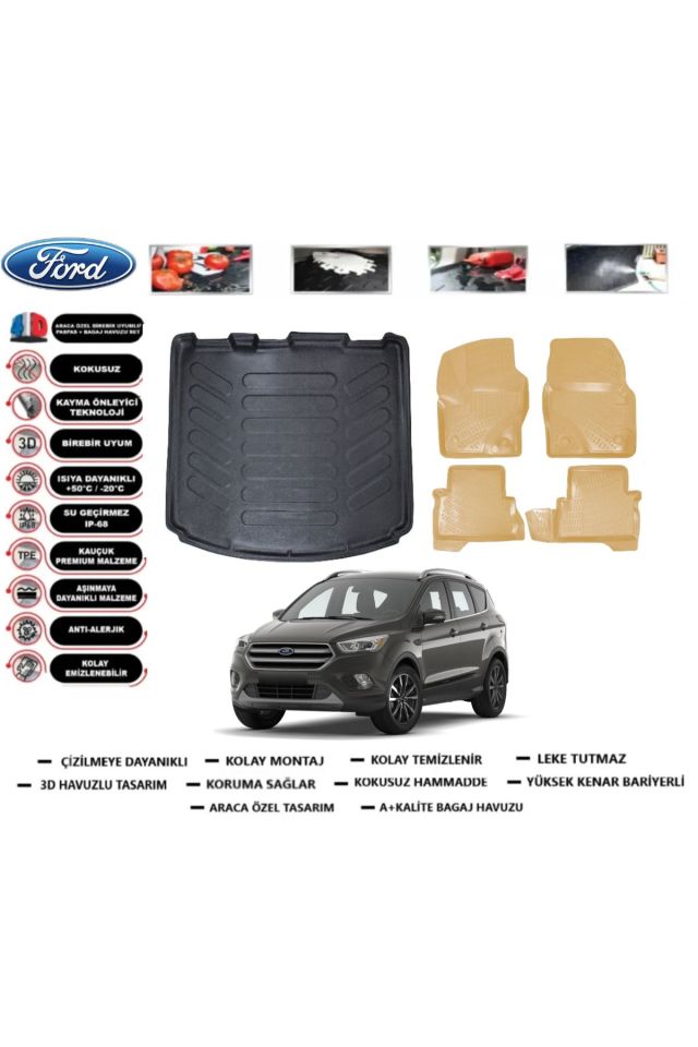 Ford Kuga 2014 Model Bagaj Havuzu+Araca Özel Bej Paspas Takımı Flex