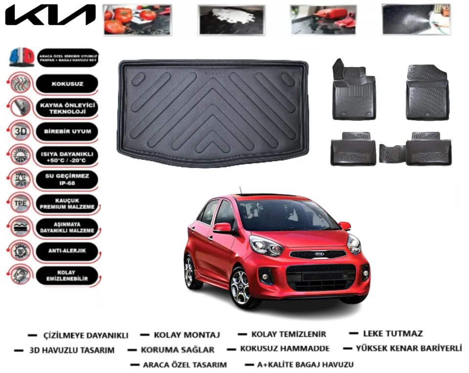 Kia Picanto 2011-2017 3D Bagaj Havuzu+3D Araca Özel Paspas Takımı