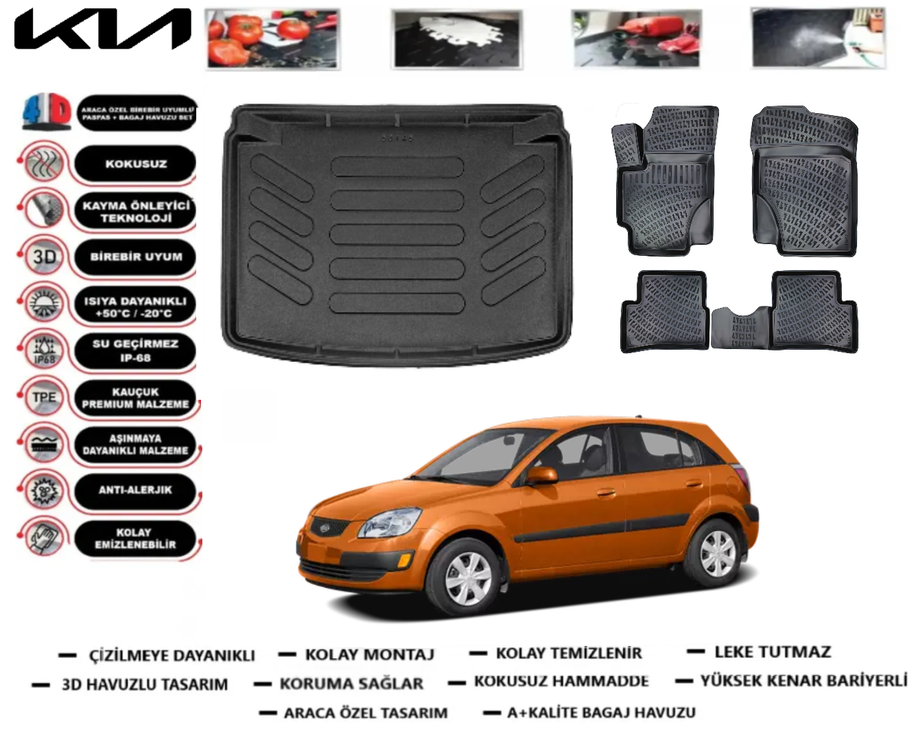 Kia Rio 2005-2010 Hatchback 3D Bagaj Havuzu+3D Araca Özel Paspas Takımı