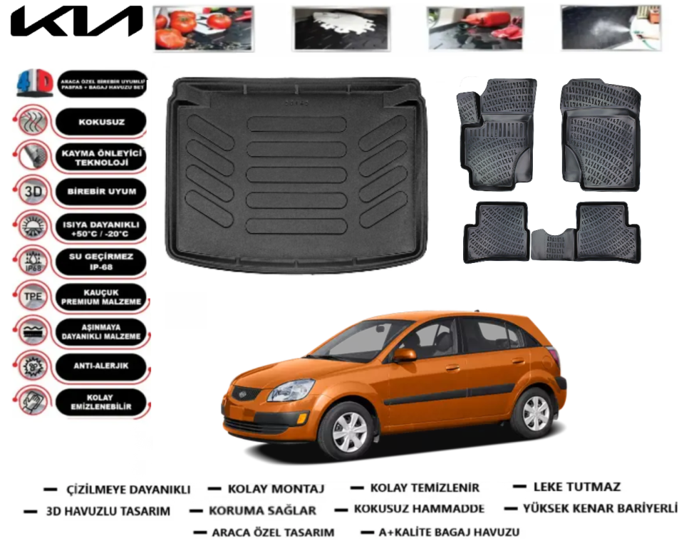 Kia Rio 2005-2010 Hatchback 3D Bagaj Havuzu+3D Araca Özel Paspas Takımı