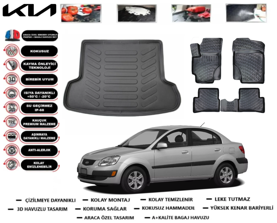 Kia Rio 2005-2010 Sedan 3D Bagaj Havuzu+3D Araca Özel Paspas Takımı