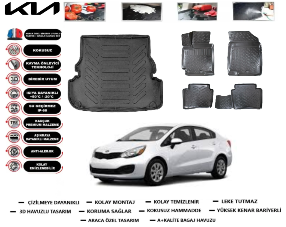 Kia Rio 2011-2017 Sedan 3D Bagaj Havuzu+3D Araca Özel Paspas Takımı
